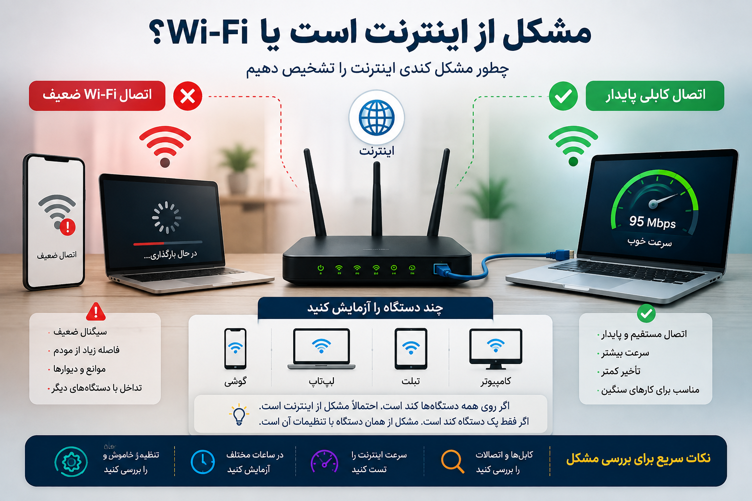 مقایسه مشکل اینترنت و Wi-Fi و روش تشخیص علت کندی اتصال